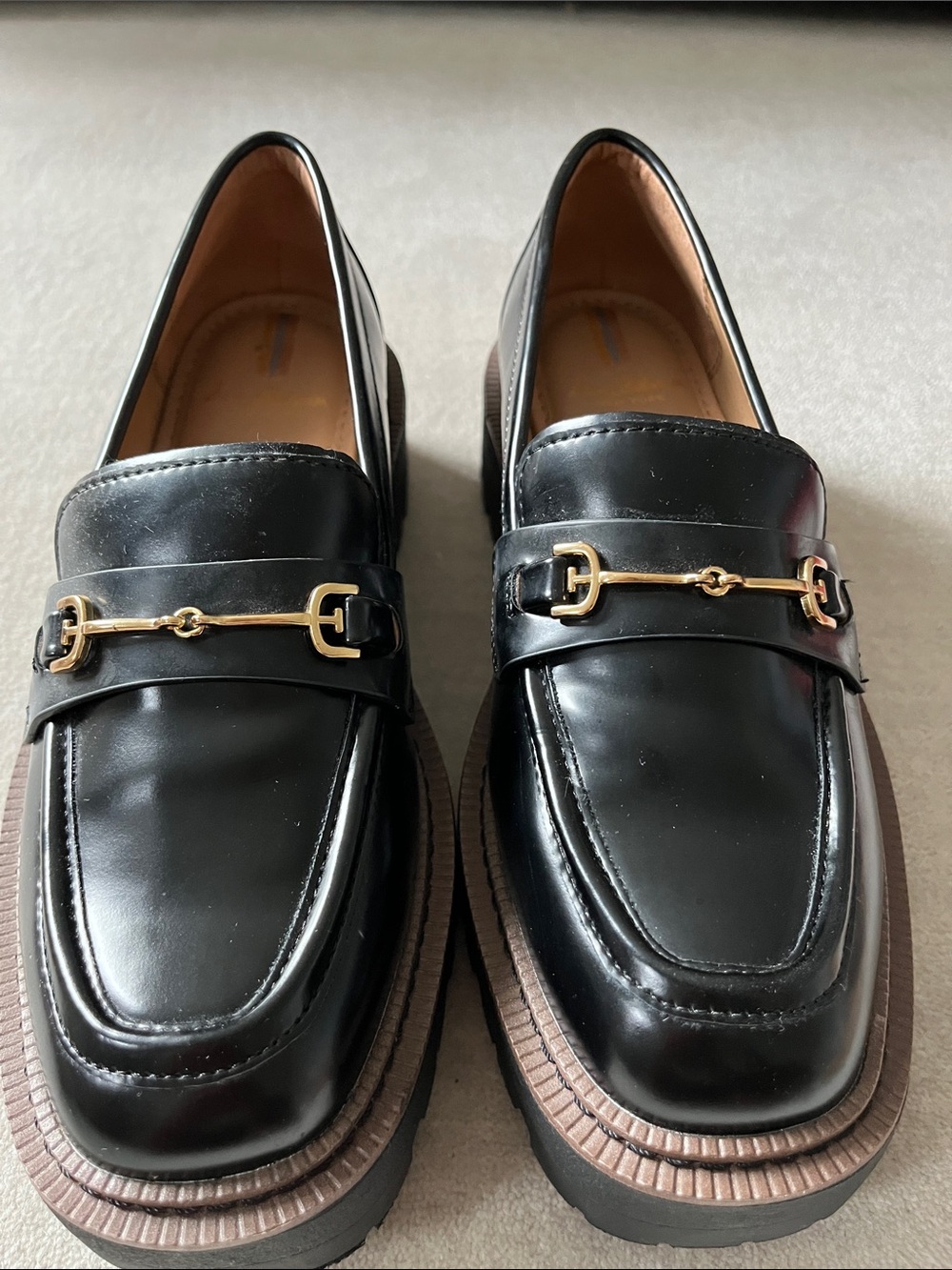 Sam Edelman Black Leather Loafers with Gold Bit Accent